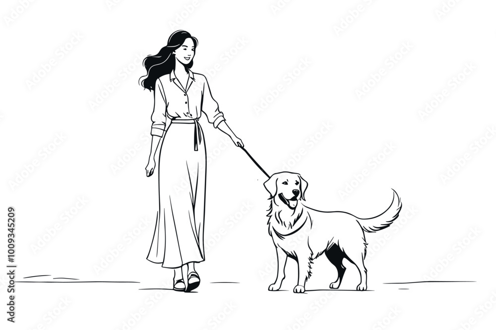 Woman Walking Dog on Leash in Casual Outfit