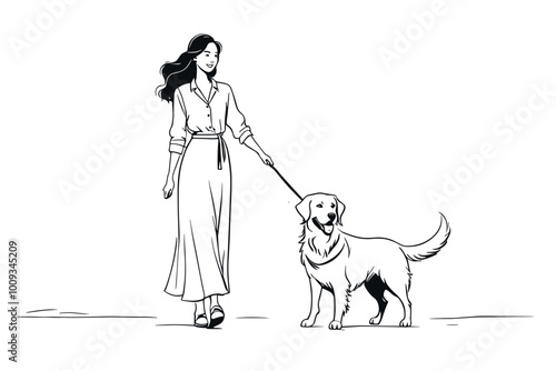 Obraz na płótnie Woman Walking Dog on Leash in Casual Outfit w salonie