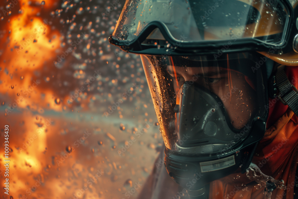Fototapeta premium Firefighter with a face mask and helmet.