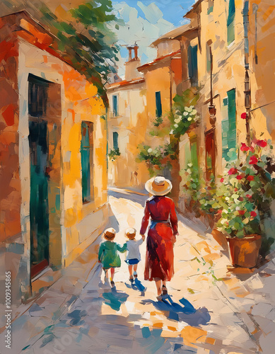 A woman and a child walk along a narrow city street.