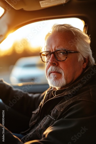 A person wearing glasses and a beard sits in a vehicle