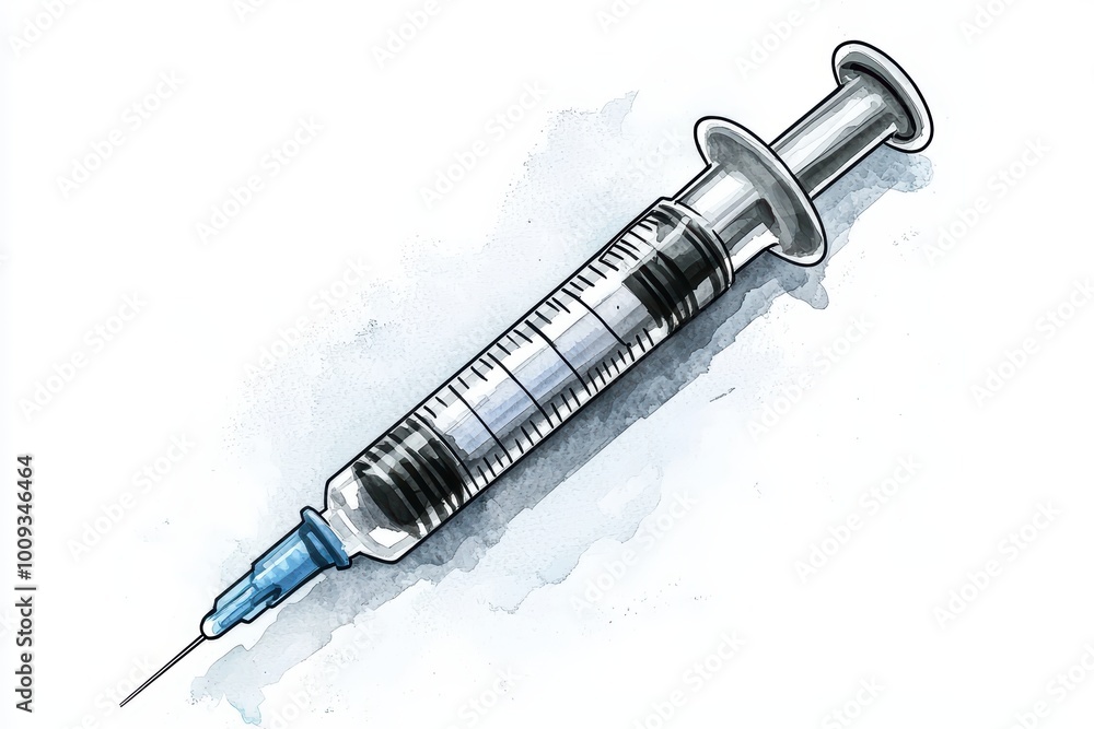 A detailed illustration of a syringe with a blue needle on a white background. A detailed illustration of a syringe with a blue needle on a white background.