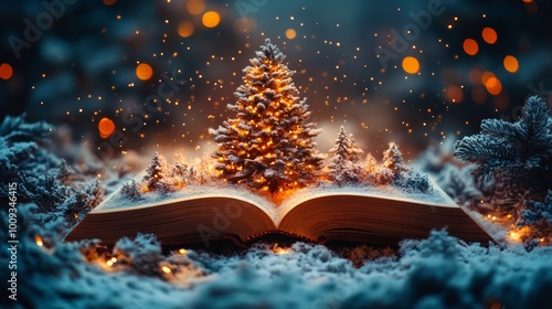 An open book reveals a magical winter scene with miniature, illuminated Christmas trees nestled within its pages, casting a warm and enchanting glow.