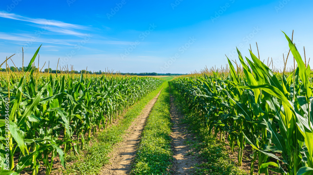 Fototapeta premium A sunlit cornfield pathway highlights the lush greenery and summer atmosphere during the golden hour at sunset