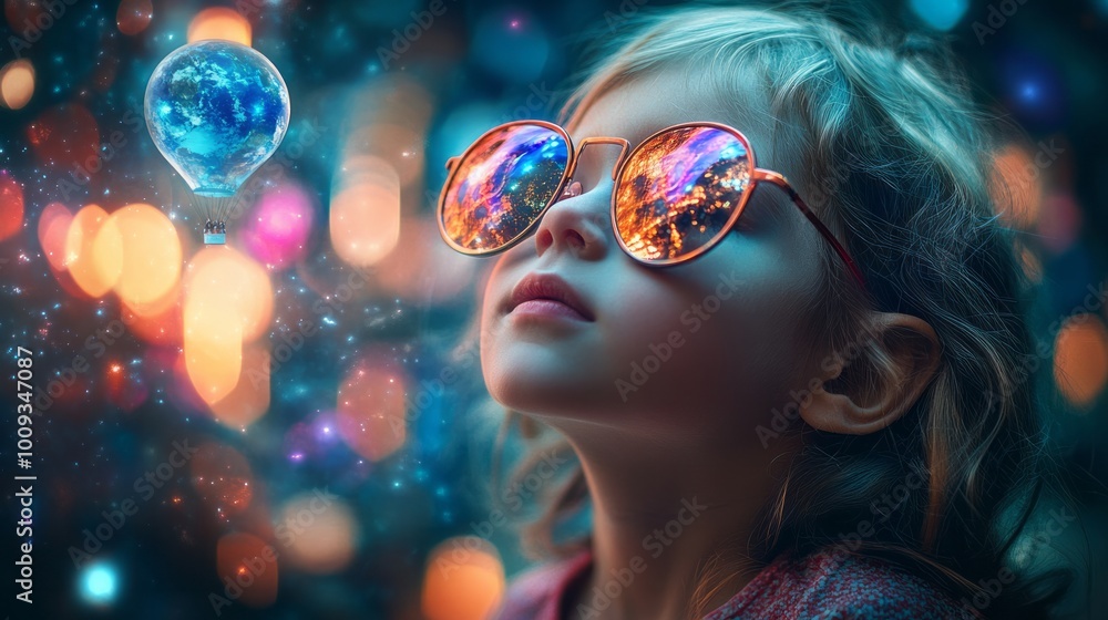 Child gazing at illuminated hot air balloon through colorful sunglasses, dreamlike atmosphere concept Child gazing at illuminated hot air balloon through colorful sunglasses, dreamlike atmosphere concept