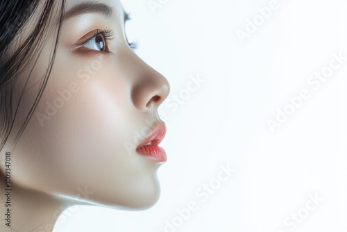 A close-up of a woman's face with long, dark hair