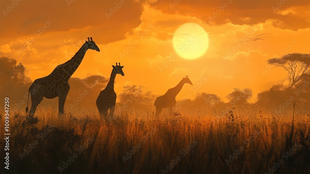 Silhouettes of Giraffes in the Warm African Sunset Silhouettes of Giraffes in the Warm African Sunset