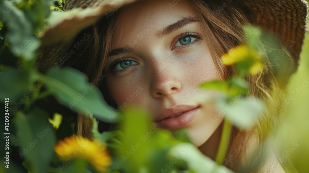 A woman wears a straw hat and looks directly at the camera A woman wears a straw hat and looks directly at the camera