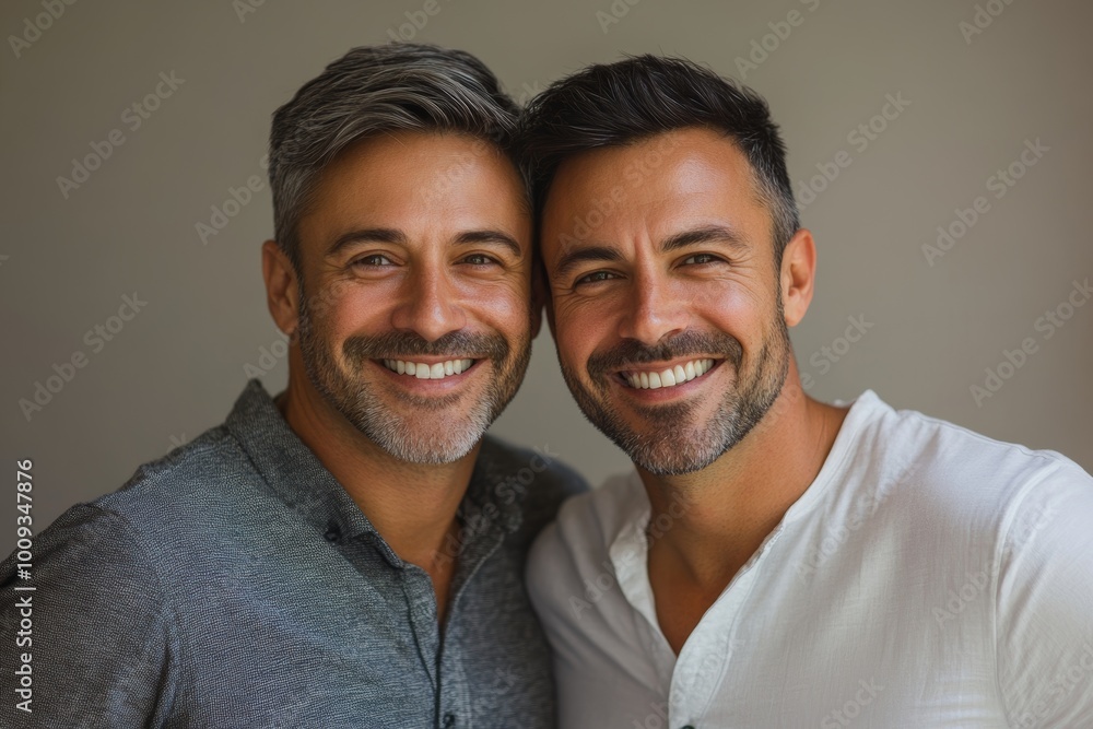 Confident gay couple smiling cheerfully in a studio, Generative AI Confident gay couple smiling cheerfully in a studio, Generative AI