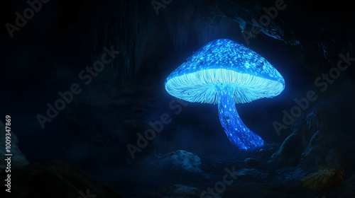 A bioluminescent mushroom glowing faintly in a dark.  photo