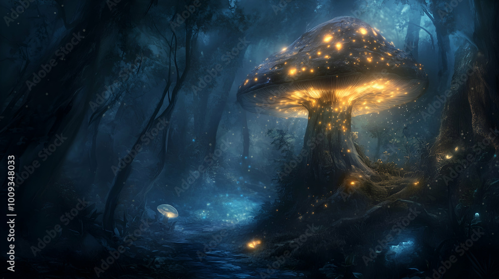 Fototapeta premium A bioluminescent mushroom glowing faintly in a dark.