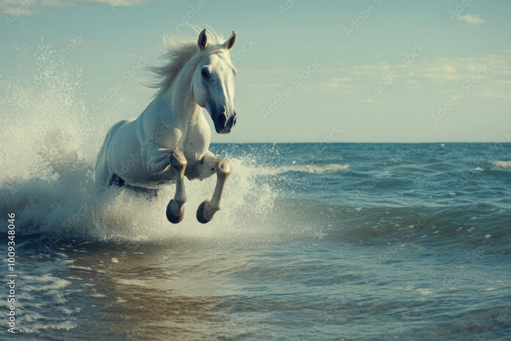 A white horse gallops through calm water A white horse gallops through calm water