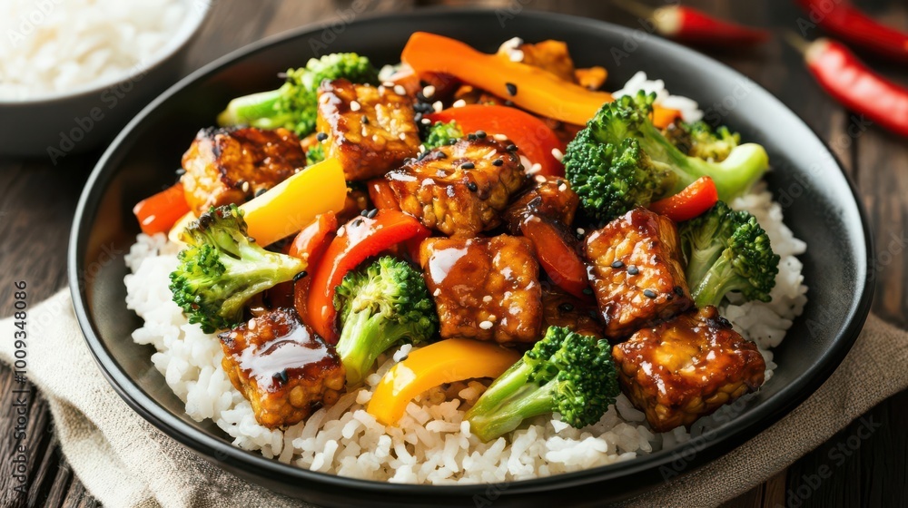 A colorful stir-fry with tempeh, vegetables, and rice, showcasing a healthy meal option. A colorful stir-fry with tempeh, vegetables, and rice, showcasing a healthy meal option.