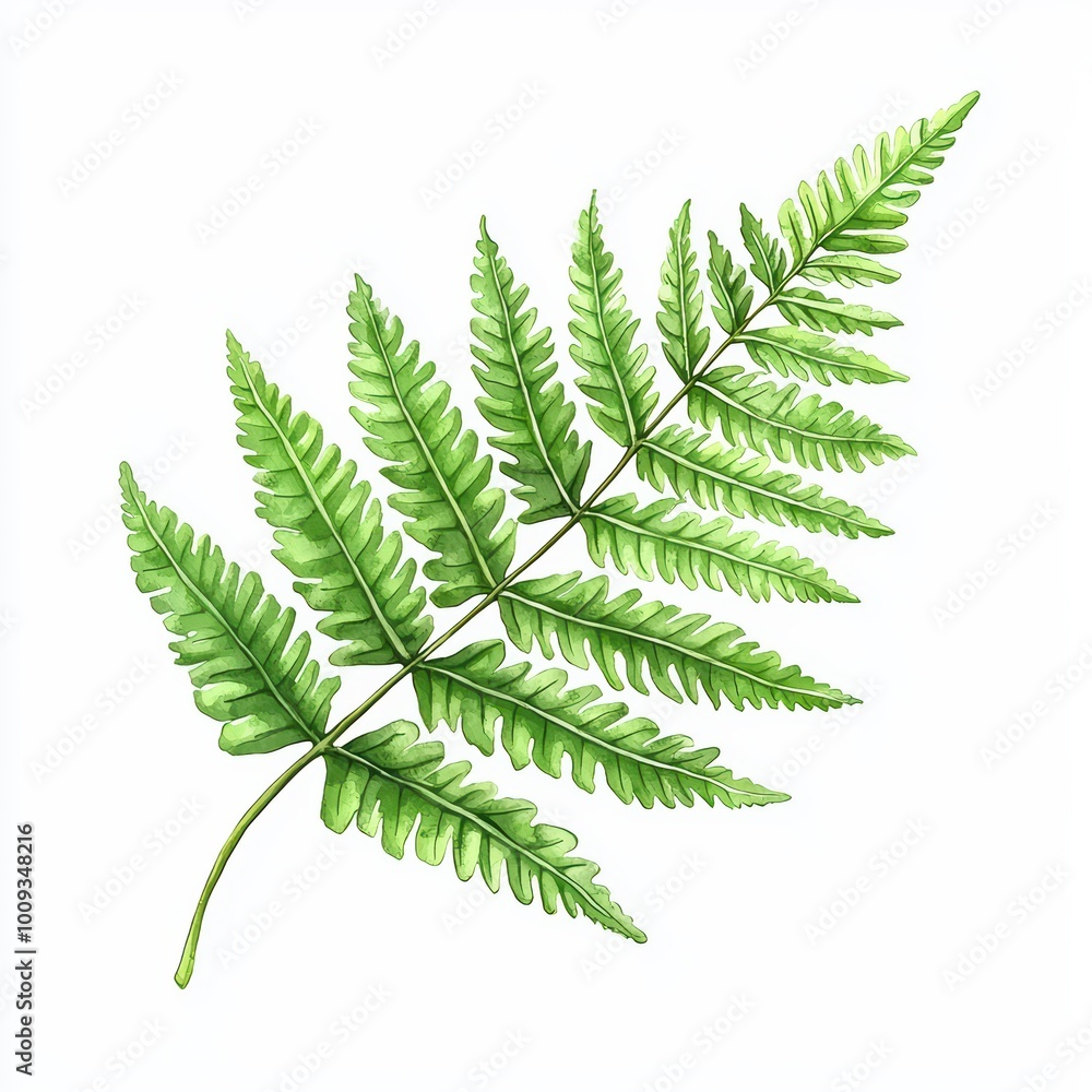 A vibrant green fern leaf displayed against a white background, perfect for botanical design and natural themes. A vibrant green fern leaf displayed against a white background, perfect for botanical design and natural themes.