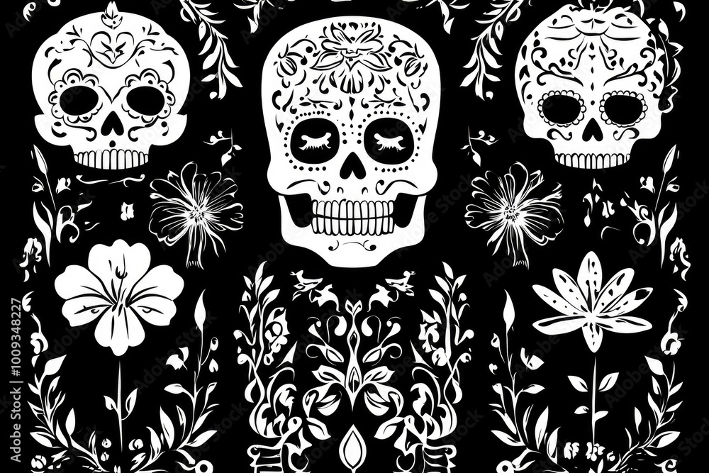 A collection of sugar skulls decorated with flowers on a black background A collection of sugar skulls decorated with flowers on a black background