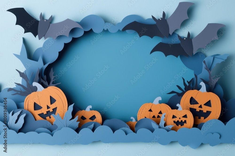 Fototapeta premium Halloween themed cut-out design with pumpkins and bats.