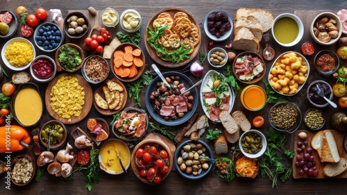 A table full of food with a variety of dishes including bread, vegetables