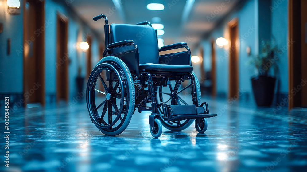 A sleek blue wheelchair sits in the middle of a hospital hallway, well-lit with modern surroundings, representing mobility and accessibility A sleek blue wheelchair sits in the middle of a hospital hallway, well-lit with modern surroundings, representing mobility and accessibility