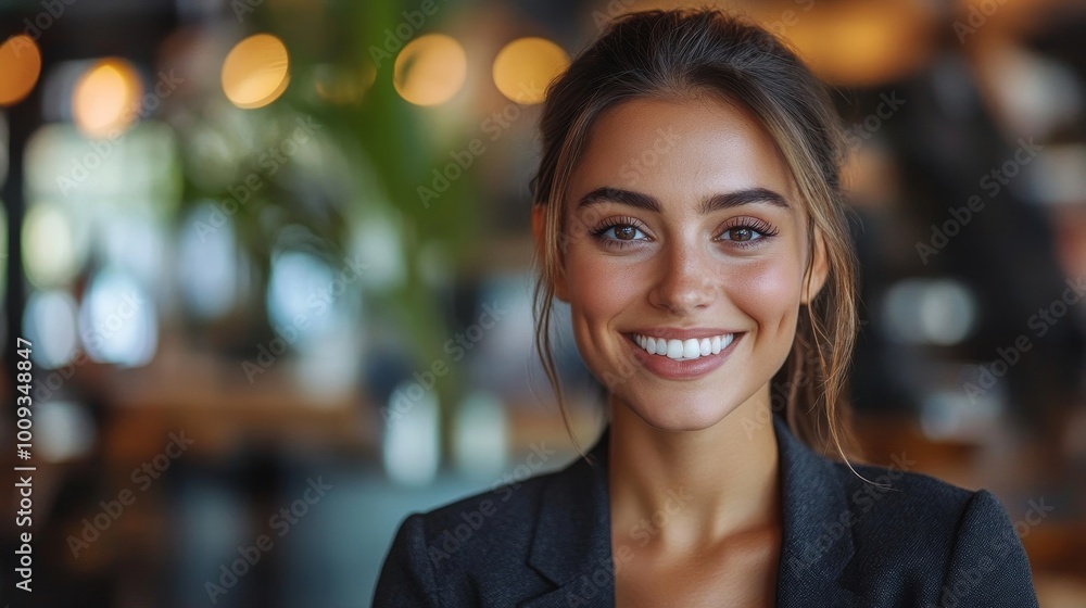 Cheerful businesswoman having coffee in a cafe, Generative AI Cheerful businesswoman having coffee in a cafe, Generative AI
