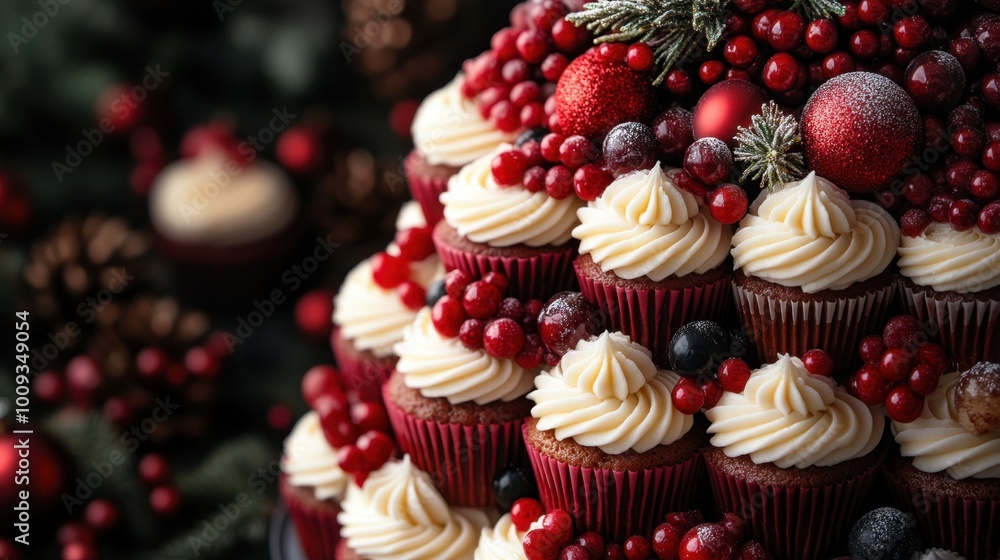 An elaborately decorated cupcake tower for Christmas, featuring different designs and flavors to create a stunning visual effect. An elaborately decorated cupcake tower for Christmas, featuring different designs and flavors to create a stunning visual effect.