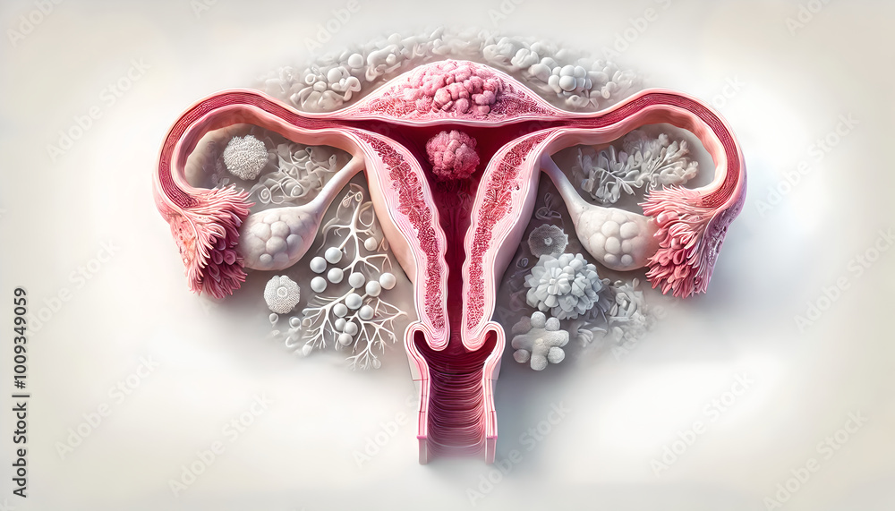 Obraz premium Uterine cancer. cross-section of uterus, layers endometrium, myometrium, cervix. Emphasize cancerous growths, tumors within endometrium, contrasting them with normal tissue. 