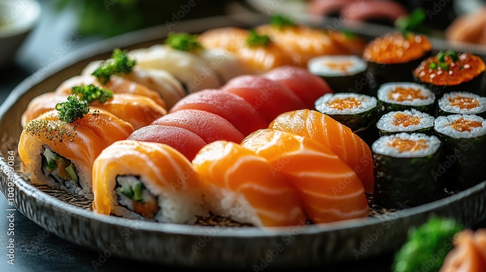 A close-up shot of a beautifully arranged plate of sushi, showcasing vibrant colors and intricate details of each piece A close-up shot of a beautifully arranged plate of sushi, showcasing vibrant colors and intricate details of each piece