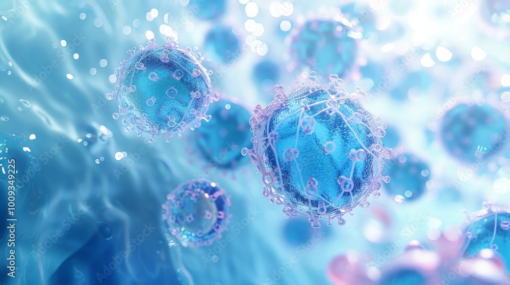A 3D illustration of blue virus cells floating in a light blue liquid. A 3D illustration of blue virus cells floating in a light blue liquid.