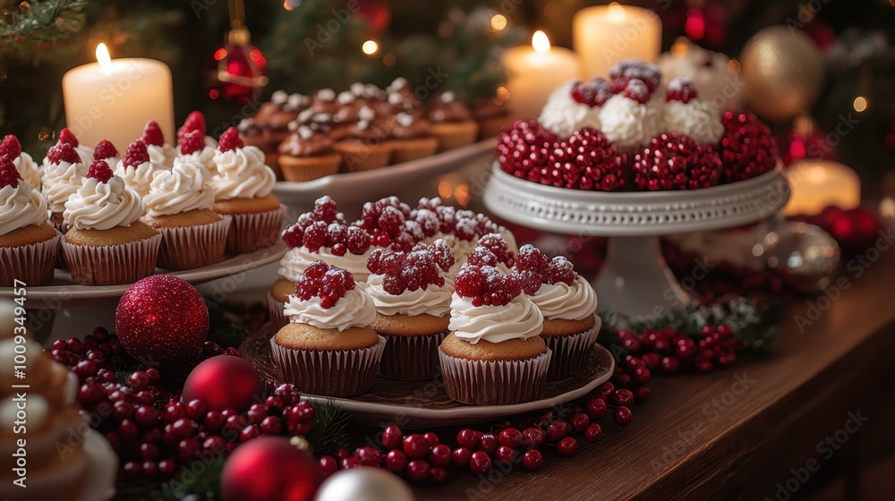 A festive dessert table filled with an array of Christmas cupcakes, surrounded by candles and holiday ornaments for a warm ambiance A festive dessert table filled with an array of Christmas cupcakes, surrounded by candles and holiday ornaments for a warm ambiance