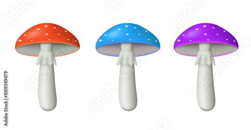 Fly agarics. Set of mushrooms. Vector 3D illustration isolated on white background.