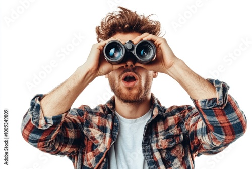 A person using binoculars to observe something, useful for scenes where surveillance or observation is key