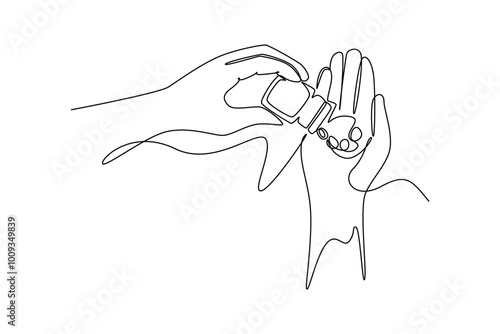 Single one line drawing of patient hand pouring supplement tablet or pill from tube. Medical treatment to cure illness. National pharmacist day. Continuous line draw design graphic vector illustration