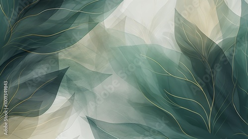 Layered green and beige leaves in a soft abstract pattern.