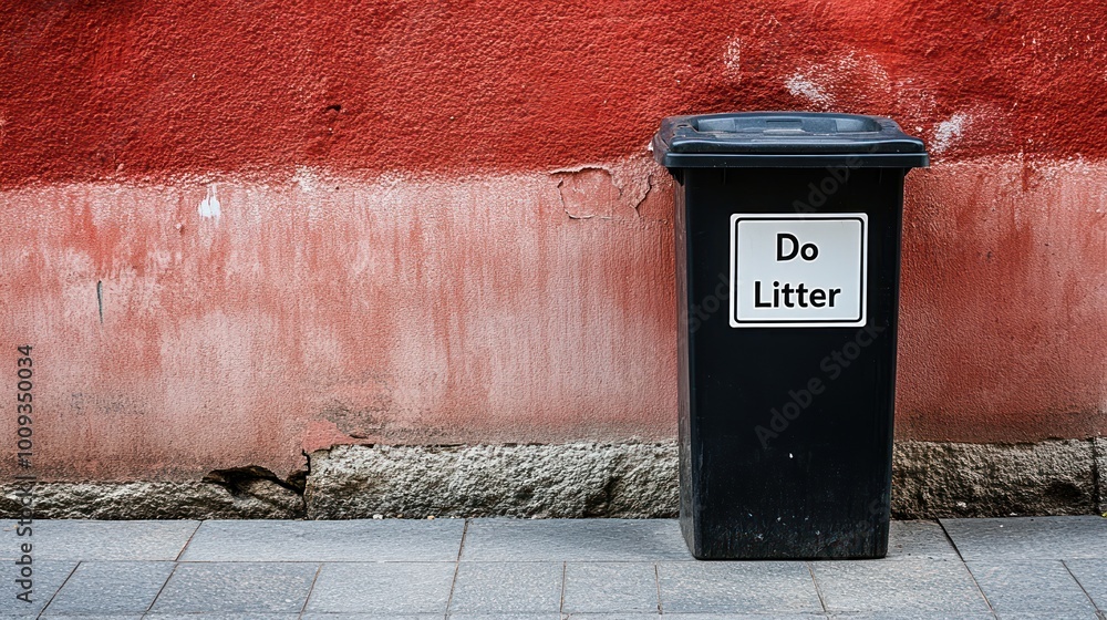 A trash bin with a humorous message against littering, set against a textured wall. A trash bin with a humorous message against littering, set against a textured wall.