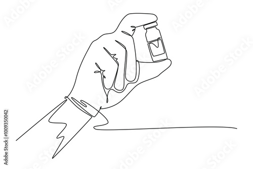 Single one line drawing of doctor hand holding medicine bottle with vaccine for coronavirus. Virus protection. Covid19 vaccination with vaccine. Continuous line draw design graphic vector illustration