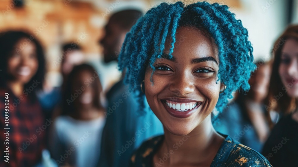 A woman with bright blue hair smiling and surrounded by a group of people A woman with bright blue hair smiling and surrounded by a group of people