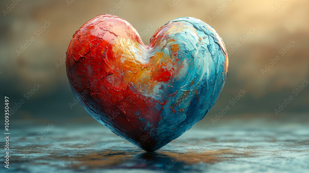Fototapeta premium A textured heart-shaped sculpture with vibrant red and blue paint, against a muted backdrop