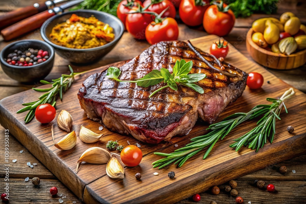 Juicy chuleton steak on a wooden board with herbs, spices, and a side of grilled vegetables Juicy chuleton steak on a wooden board with herbs, spices, and a side of grilled vegetables