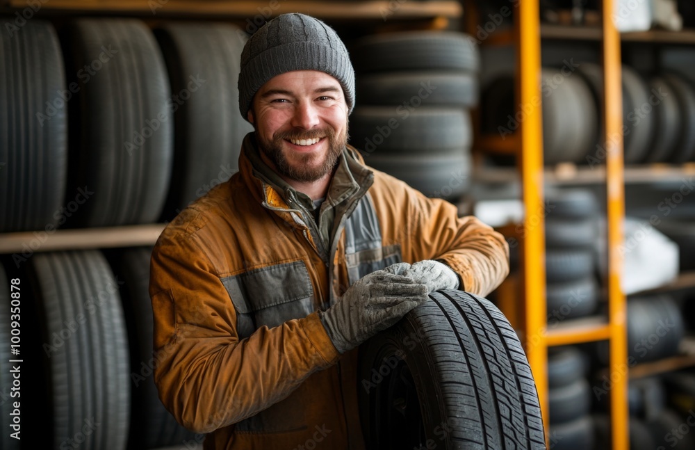 Smiling mechanic holding a new tire in a garage with shelves full of various tires Smiling mechanic holding a new tire in a garage with shelves full of various tires