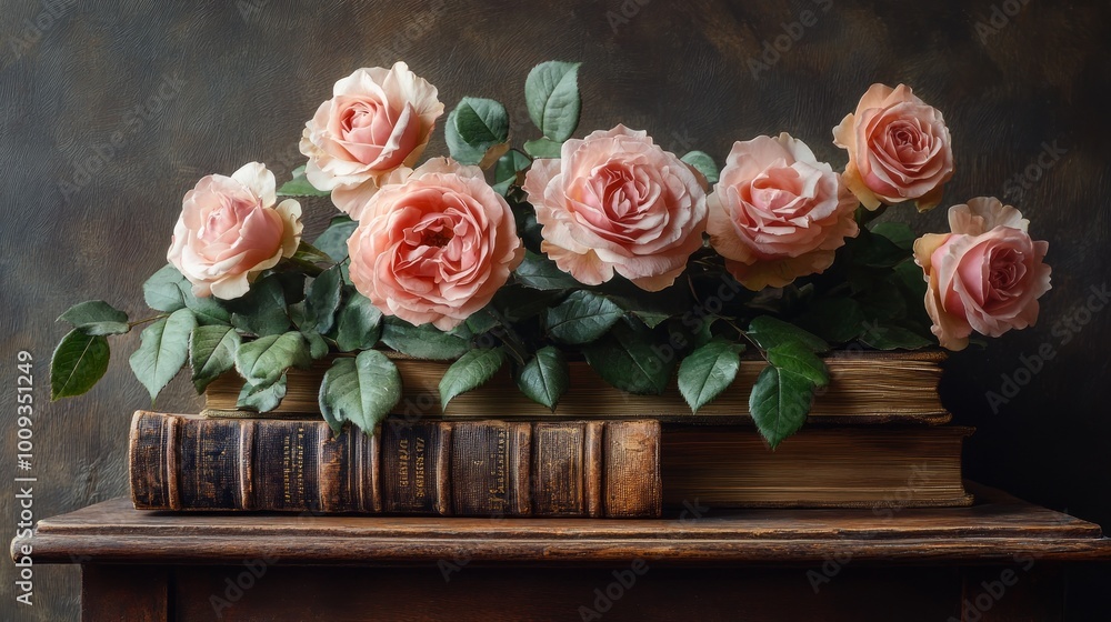 A bouquet of delicate pink roses arranged on top of a stack of antique books on a wooden surface. A bouquet of delicate pink roses arranged on top of a stack of antique books on a wooden surface.