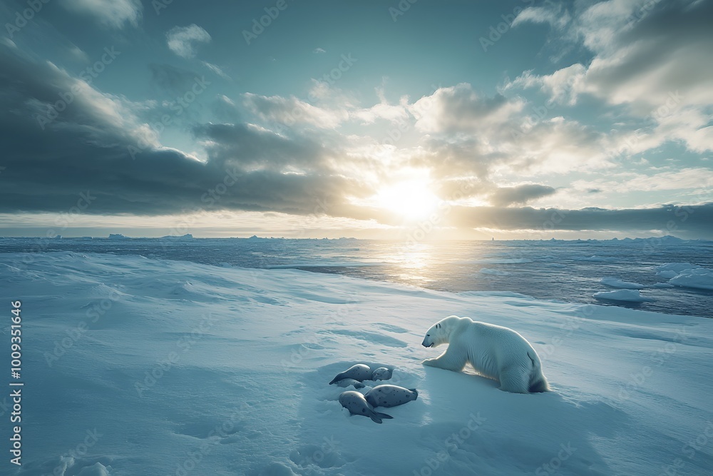 Fototapeta premium A polar bear hunts seals on a snowy Arctic landscape.