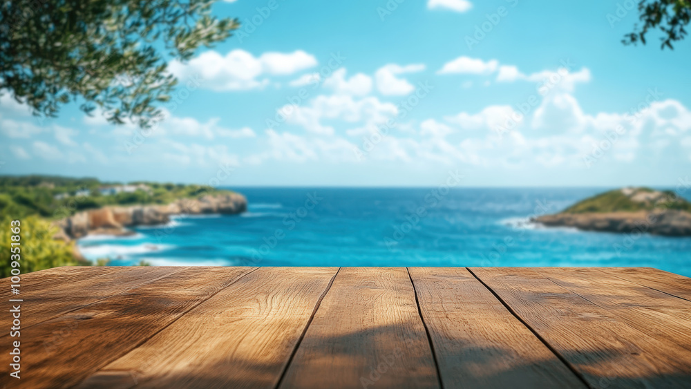Fototapeta premium Wooden table overlooking a blue ocean with islands in the distance.