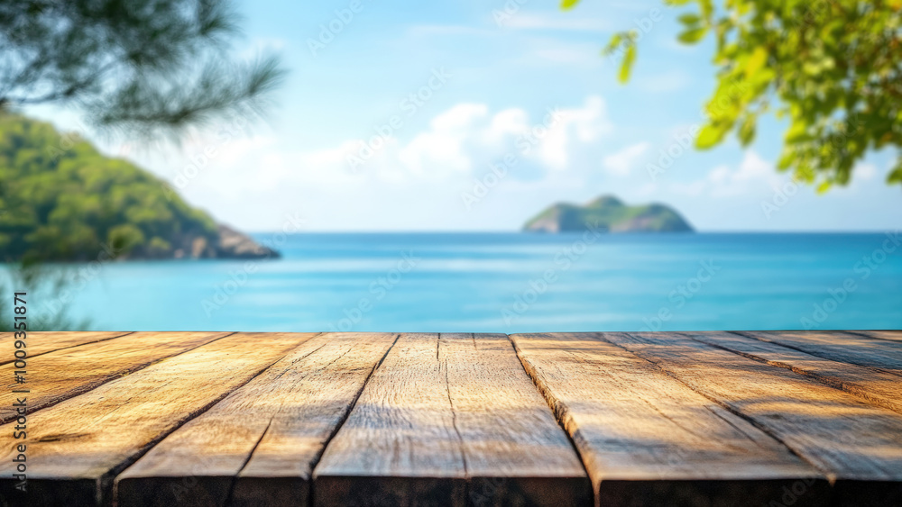 Fototapeta premium Wooden table overlooking a blue ocean with islands in the distance.