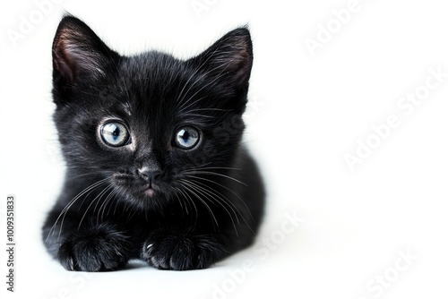 A black kitten sits on a white surface, its bright blue eyes shining