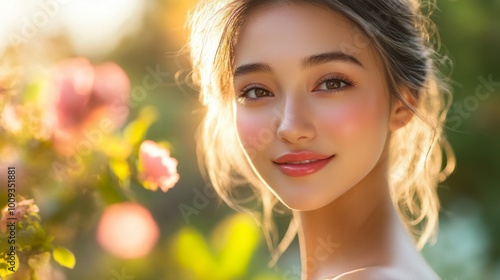 Portrait of a Young Woman in a Lush Garden Setting