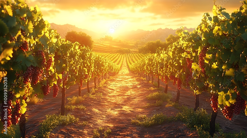 Naklejka premium Sunset over a vineyard with rows of grapevines.