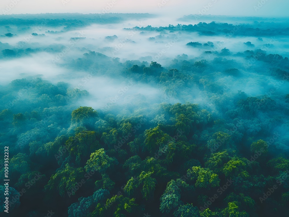 Fototapeta premium Mist-shrouded rainforest canopy viewed from above.