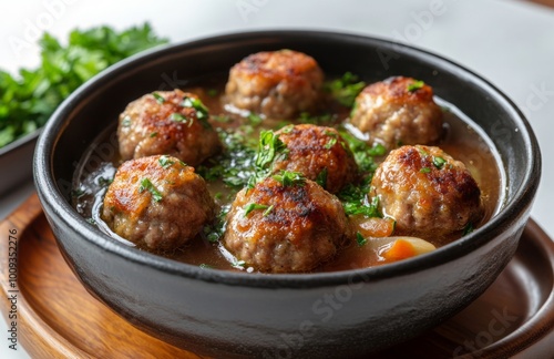 Traditional Turkish meatballs in soup served in a pot, isolated on a white background