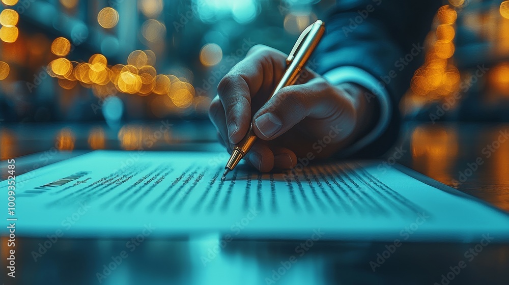 Backlight effect, an Asian businessman is signing a contract on the table, focusing on a close-up shot of his hand, the image is bright and simple Backlight effect, an Asian businessman is signing a contract on the table, focusing on a close-up shot of his hand, the image is bright and simple