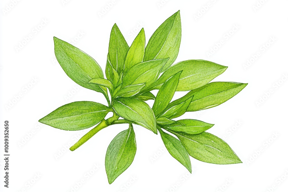 Fresh green leaves isolated on a white background, showcasing natural beauty and vibrant color. Fresh green leaves isolated on a white background, showcasing natural beauty and vibrant color.