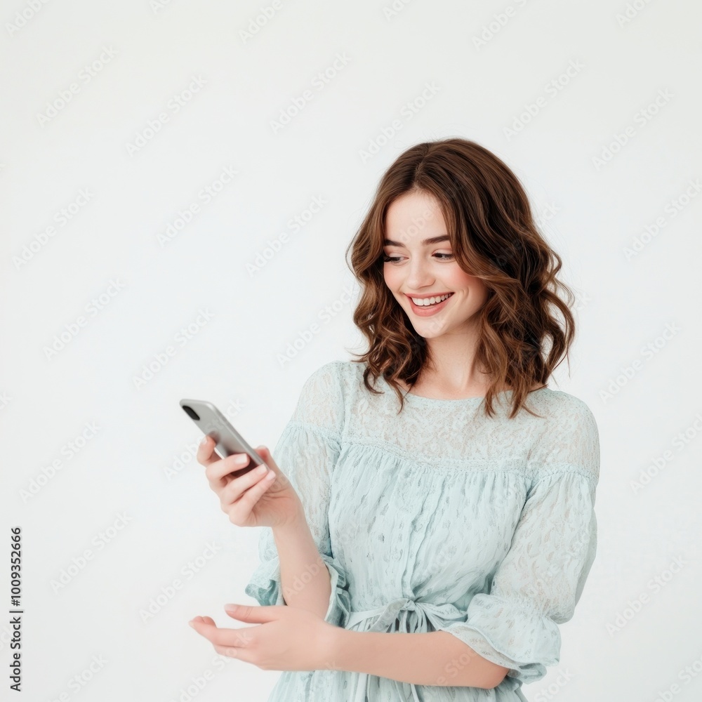 A beautiful woman with shoulder-length wavy hair is smiling and looking at her cell phone photography background happy. A beautiful woman with shoulder-length wavy hair is smiling and looking at her cell phone photography background happy.